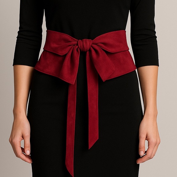 Burgundy Red Microfiber Faux Suede Wide Tie Belt